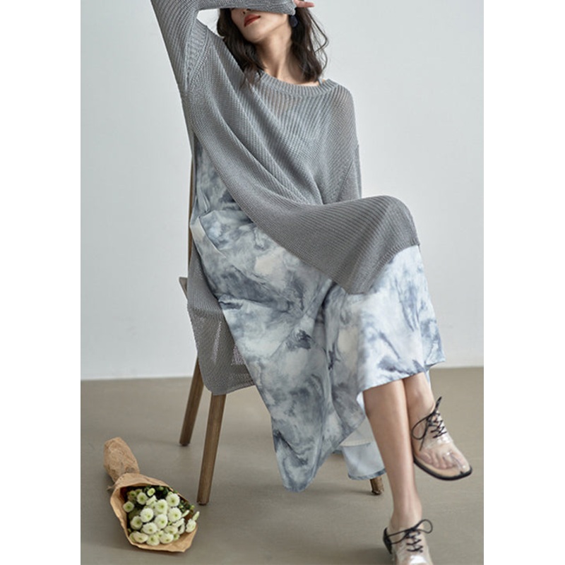 Italian Grey O Neck Side Open Patchwork Knit Dress Fall