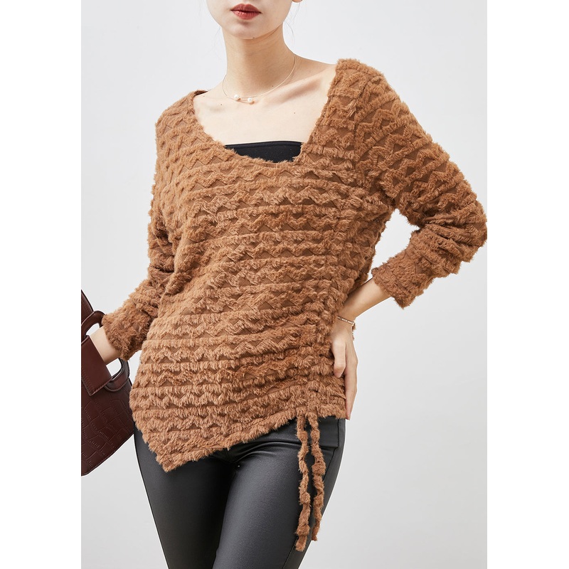 Italian Khaki Cinched Asymmetrical Design Lace Top Spring