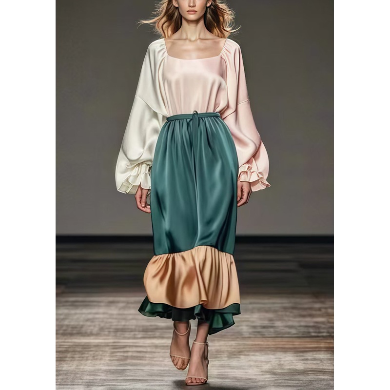 Italian White Square Collar Patchwork Silk Long Dresses Lantern Sleeve