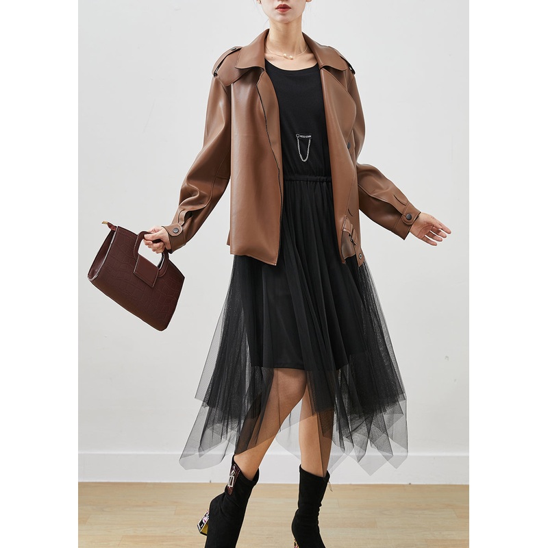 Khaki Faux Leather Coats And Tull Dress Two Piece Suit Set Oversized Spring