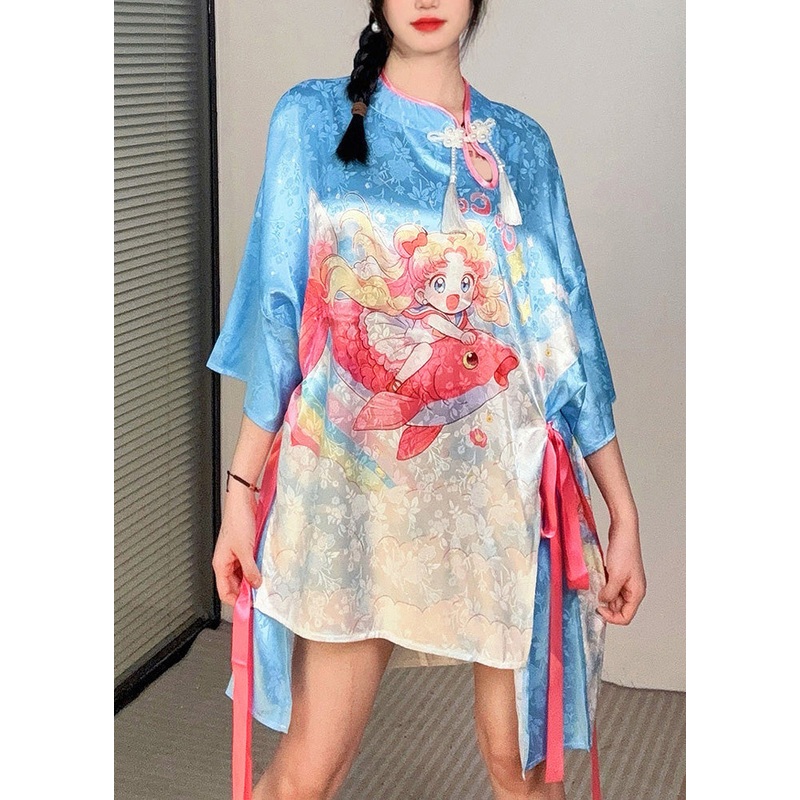 Light Blue Low High Design Silk T Shirt Half Sleeve