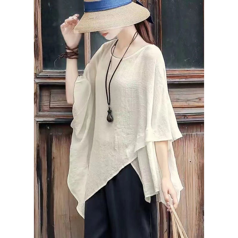 Loose Apricot O-Neck Asymmetrical Cotton Tops Batwing Sleeve