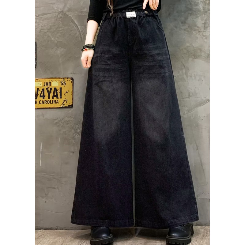 Loose Black Pockets Elastic Waist Denim Wide Leg Pants Fall