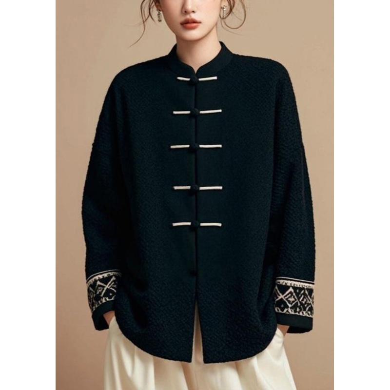 Loose Black Stand Collar Button Solid Cotton Fall Coat