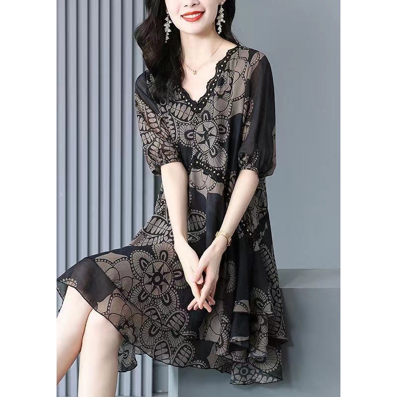 Loose Black V Neck Print Lace Patchwork Chiffon Mid Dress Summer