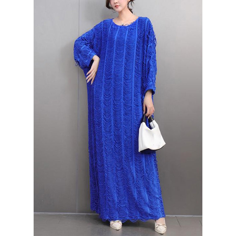 Loose Blue O-Neck Cozy Tassel Long Dress Spring