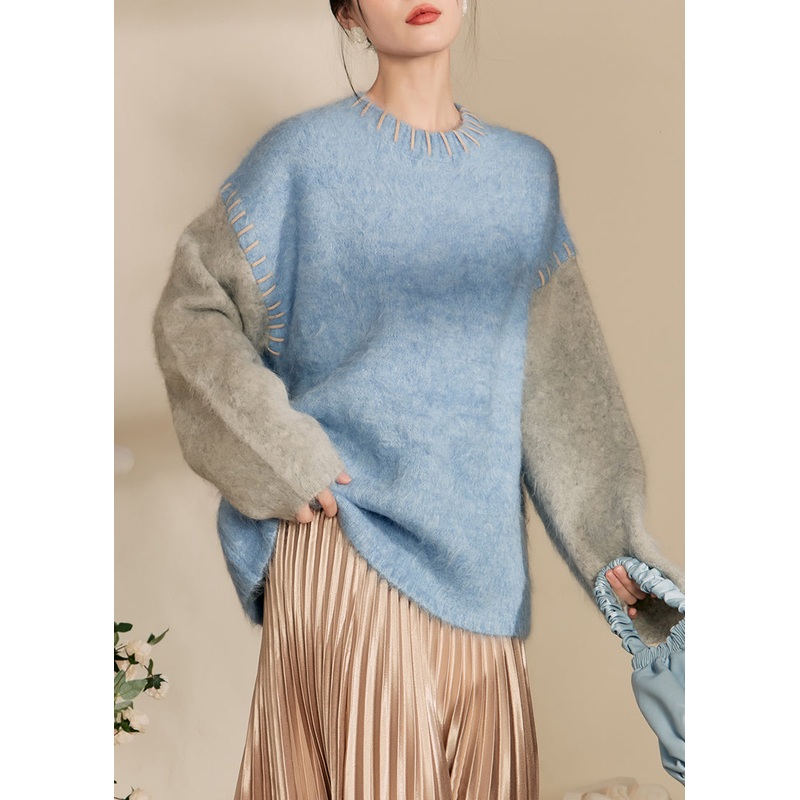 Loose Blue O-Neck Patchwork Thick Cotton Knit Sweaters Winter