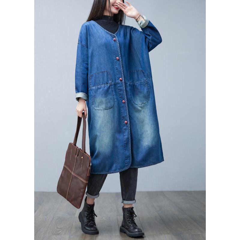 Loose Denim Blue V Neck Patchwork Pockets Cotton Trench Coats Spring