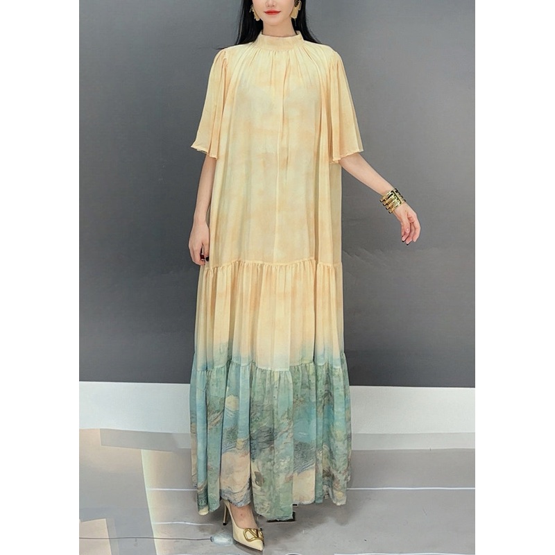 Loose Light Yellow Wrinkled Print Chiffon Long Dress Flare Sleeve