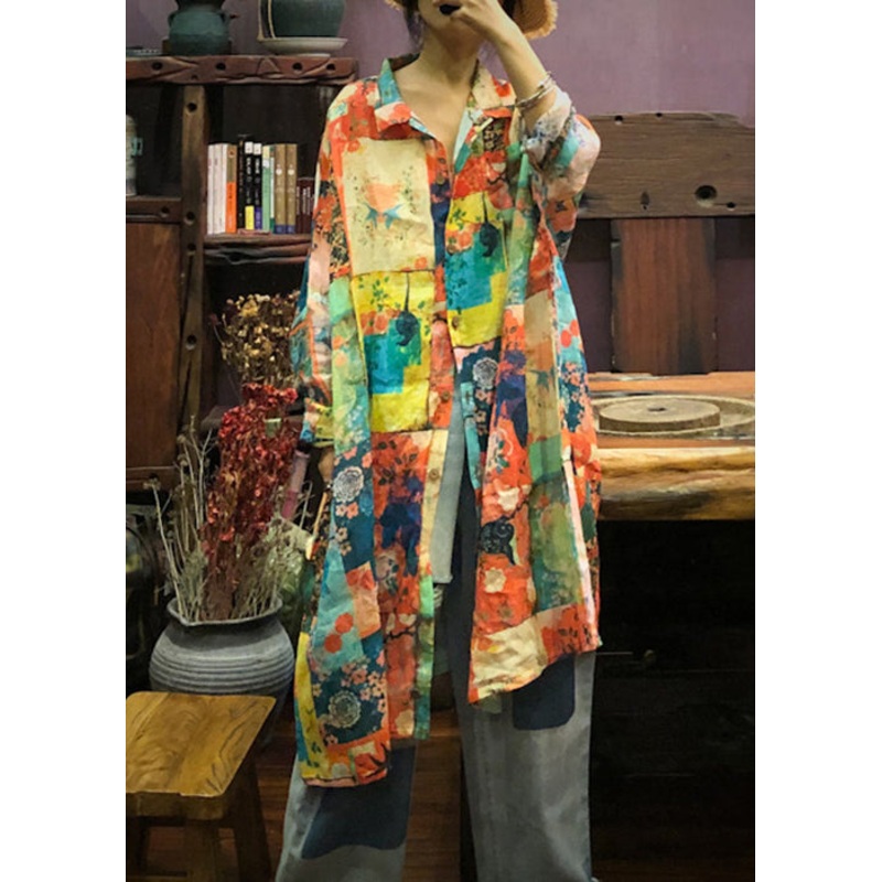 Loose Multi Peter Pan Collar Print Patchwork Linen Blouses Long Sleeve