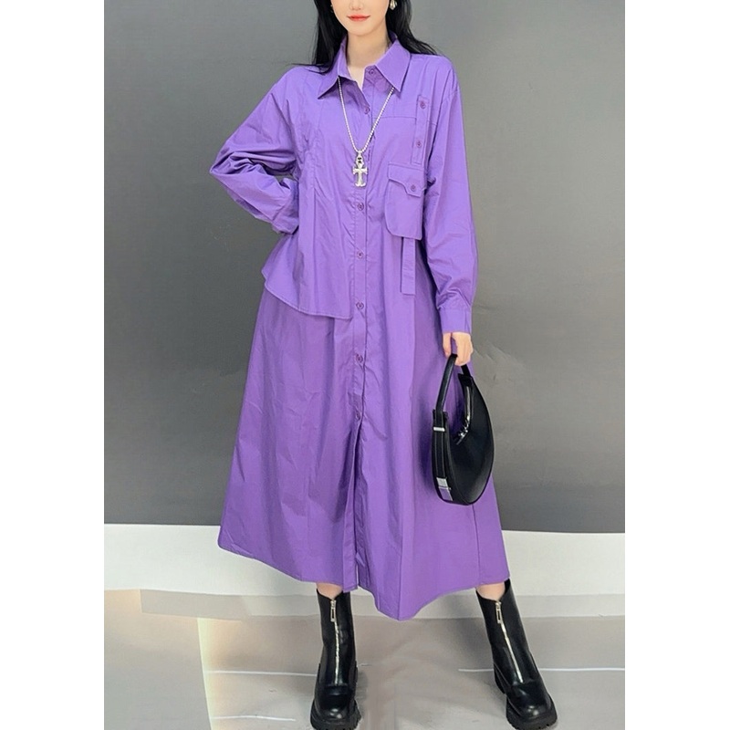 Loose Purple Peter Pan Collar Button Cotton Shirts Dress Fall
