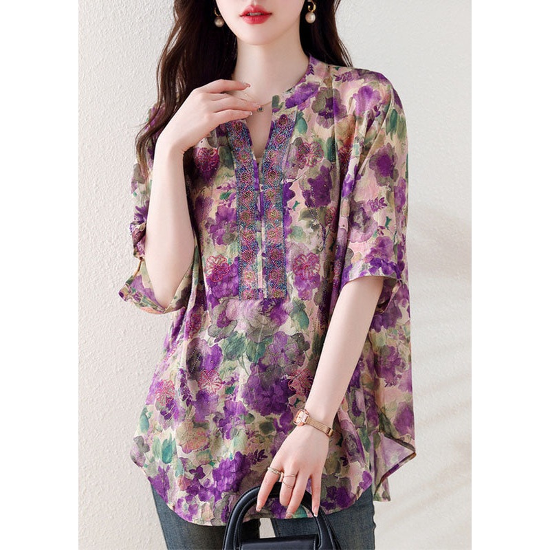 Loose Purple V Neck Print Zircon Cotton Blouses Summer