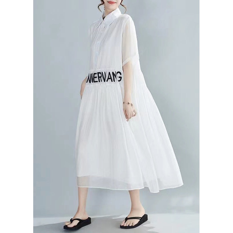 Loose White Peter Pan Collar Embroidered Silk Dresses Summer
