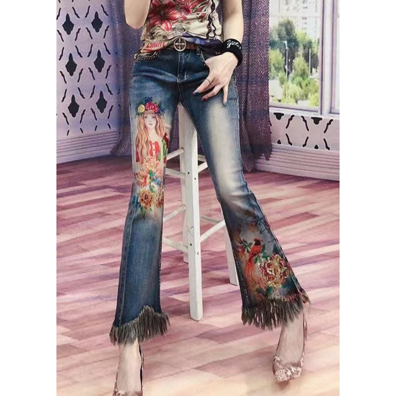 Modern Blue Tasseled Print Zircon Denim Flare Bottoms Spring