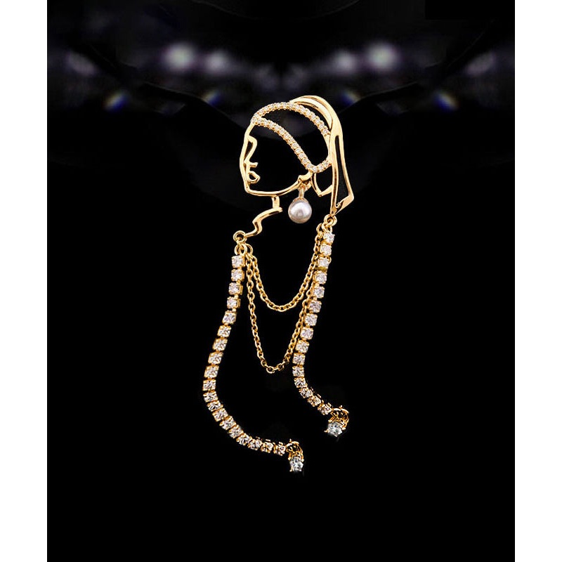 Modern Gold Alloy Zircon Girl With A Pearl Earring Tassel Brooches