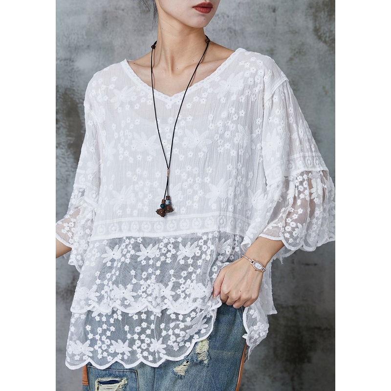 Modern White Embroidered Lace Shirts Half Sleeve