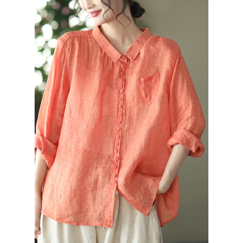 Natural Orange Peter Pan Collar Ramie Shirt Spring Long Sleeve