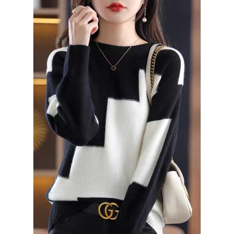 Natural White O-Neck Patchwork Thick Cashmere Knit Sweater Fall