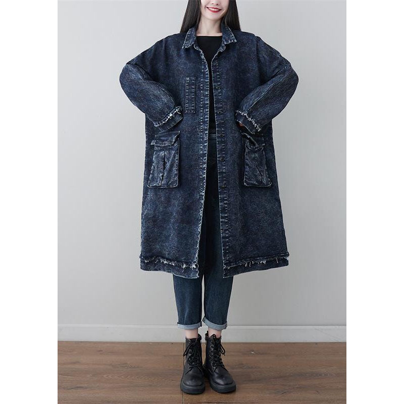 Navy Loose Cotton Trench Coat Camouflage Print Spring