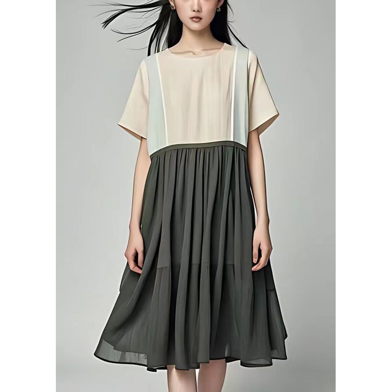 New Apricot O Neck Wrinkled Patchwork Cotton Dresses Summer