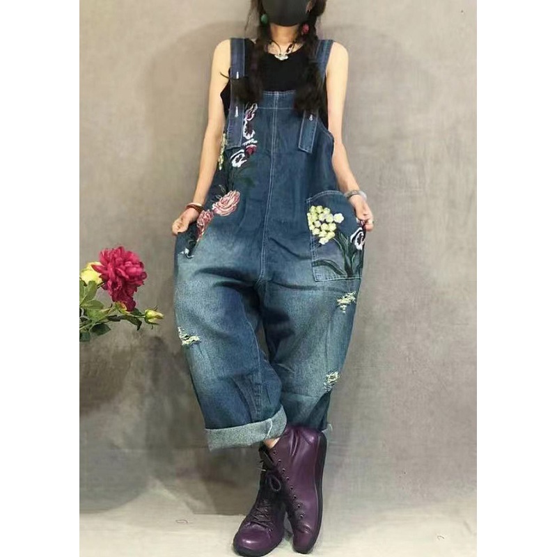 New Blue Embroidered Pockets Denim Jumpsuit Summer