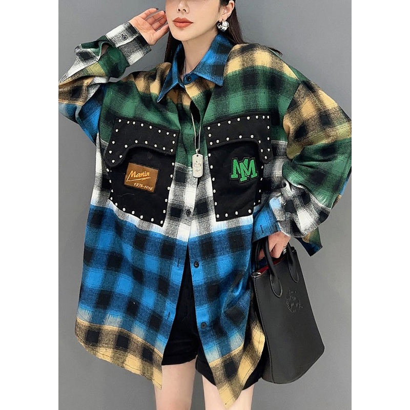 New Blue Plaid Button Patchwork Cotton Blouses Long Sleeve