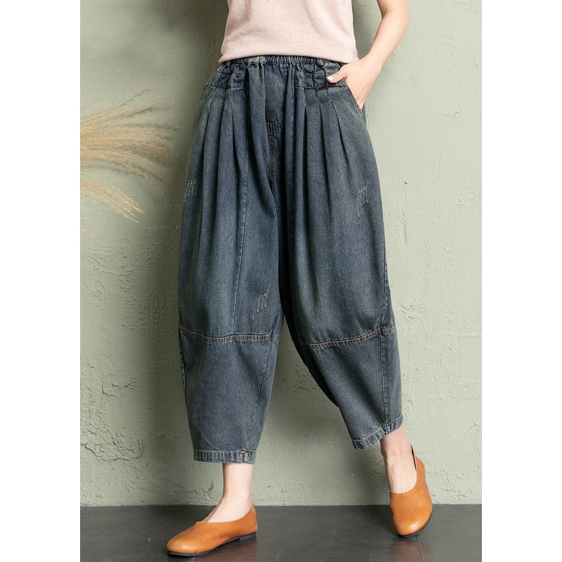 New Blue Pockets Elastic Waist Denim Crop Pants Summer