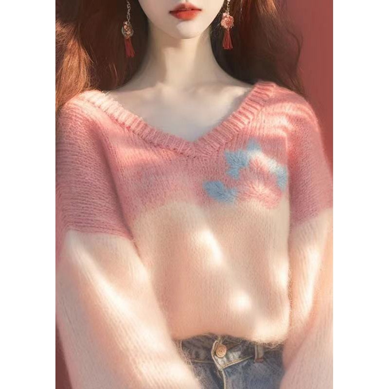 New Pink V Neck Patchwork Knit Sweaters Winter