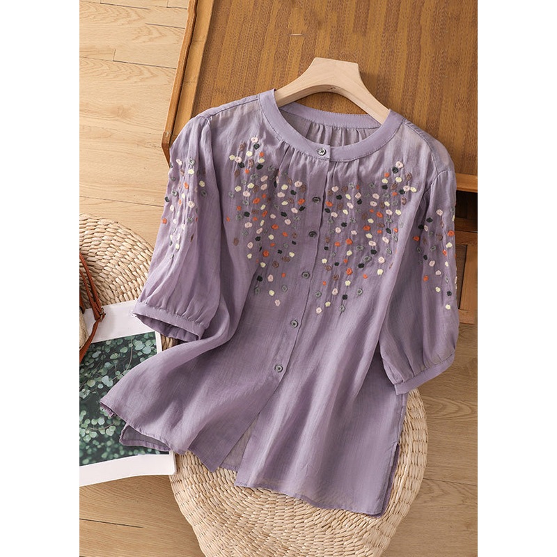 New Purple O Neck Embroidered Side Open Linen Blouse Spring