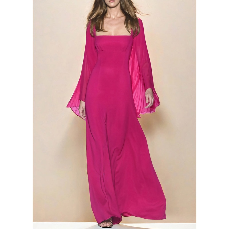 New Rose Square Collar Wrinkled Chiffon Long Dresses Fall