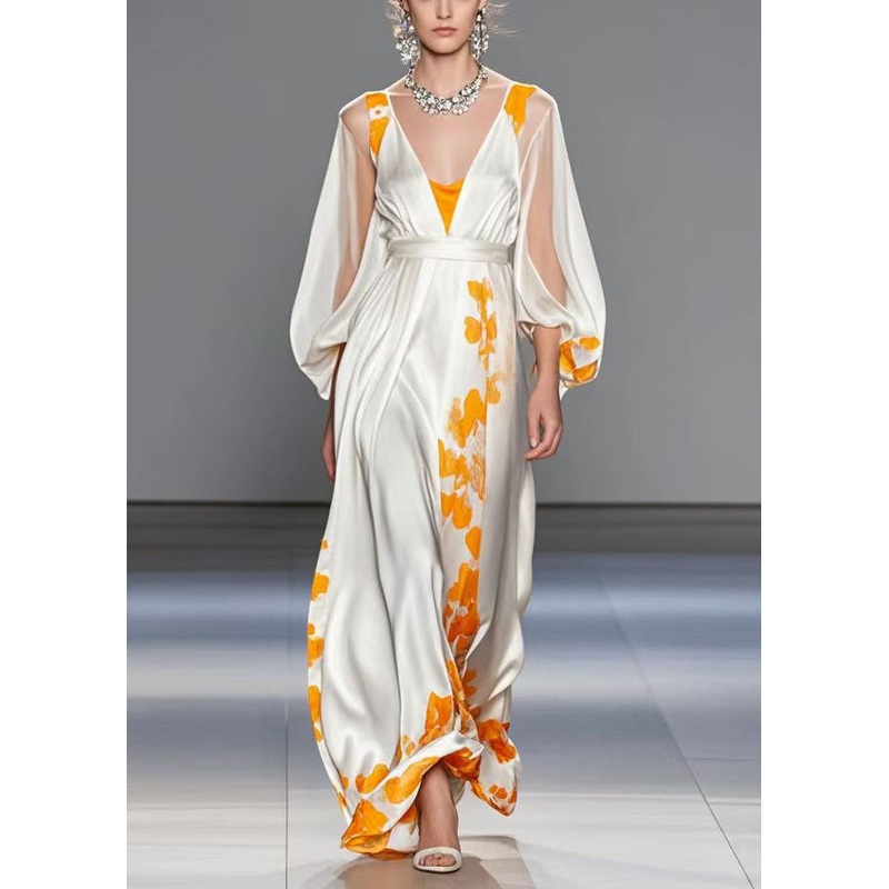 Organic White Cinched Print Silk Robe Dresses Lantern Sleeve