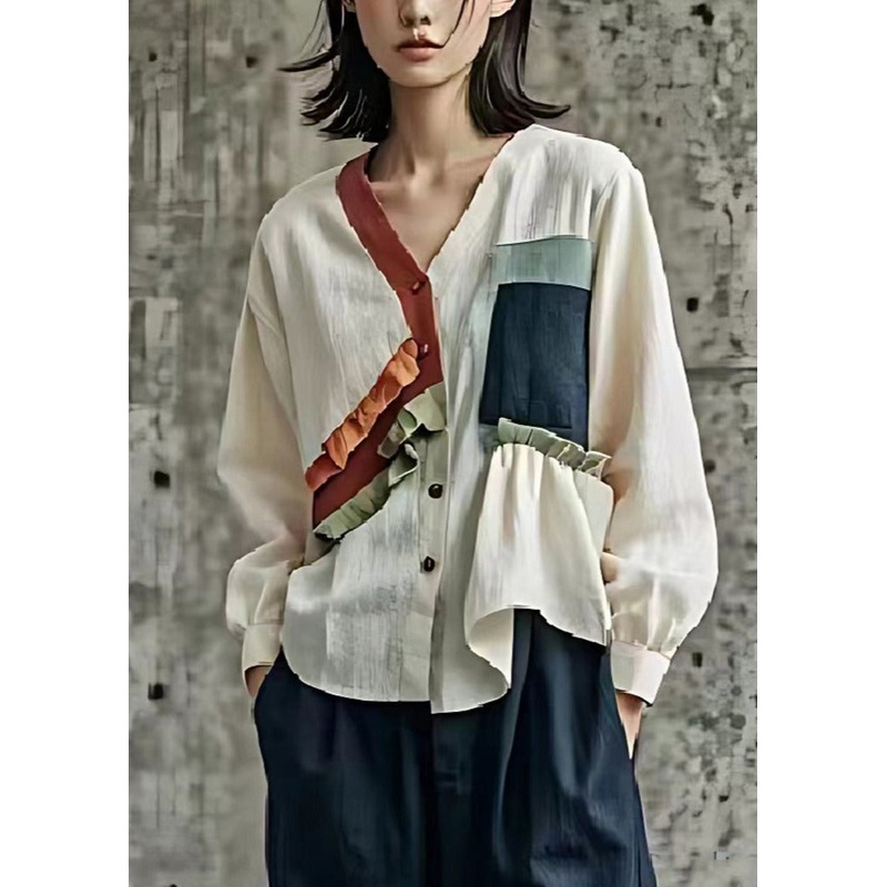 Organic White Ruffled Patchwork Linen Shirt Top Spring
