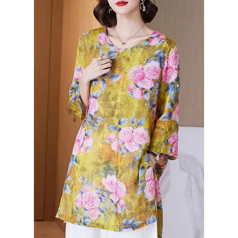 Organic Yellow O Neck Print Linen Top Bracelet Sleeve