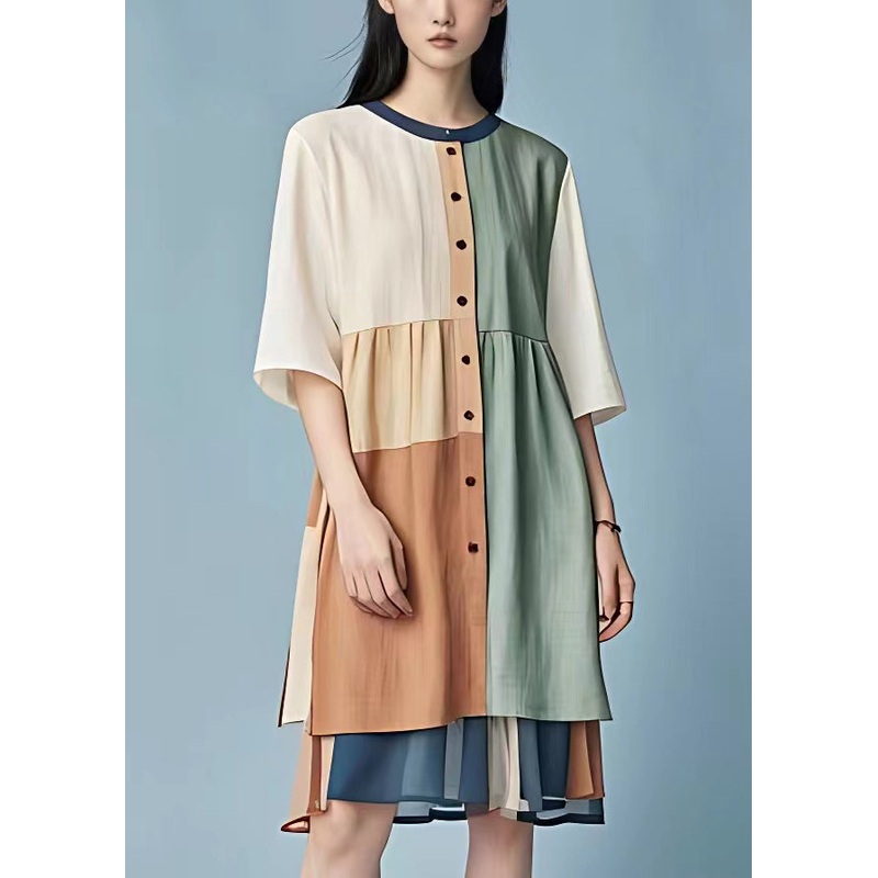 Original Colorblock Asymmetrical Patchwork Cotton Dress Half Sleeve