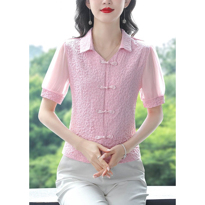 Pink Chiffon Shirts Tops Peter Pan Collar Chinese Button Summer