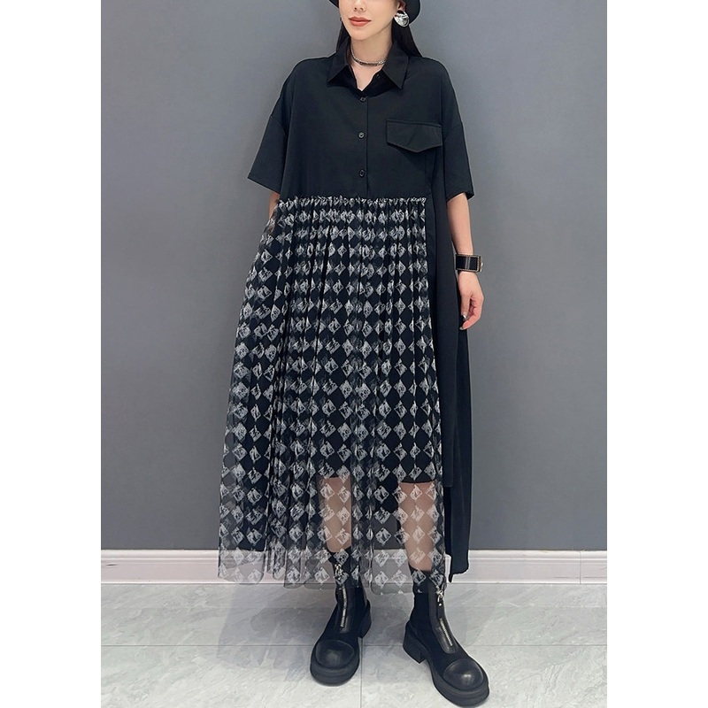 Plaid Pockets Tulle Patchwork Dresses Peter Pan Collar Short Sleeve