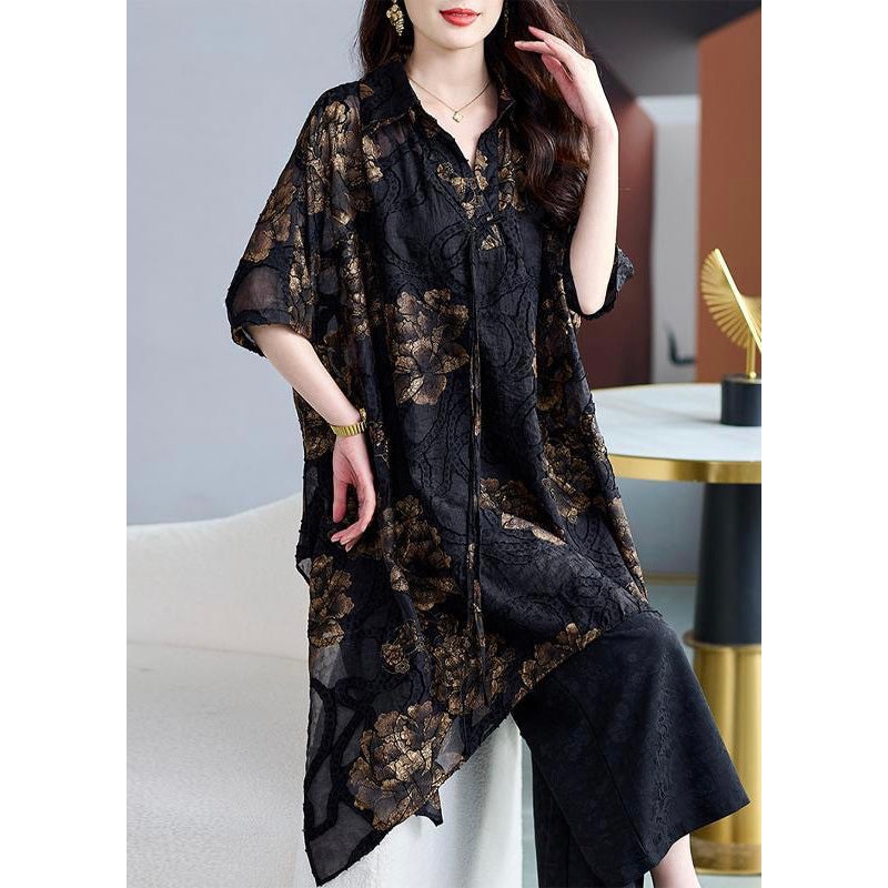 Plus Size Black Asymmetrical Print Chiffon Cardigans Summer
