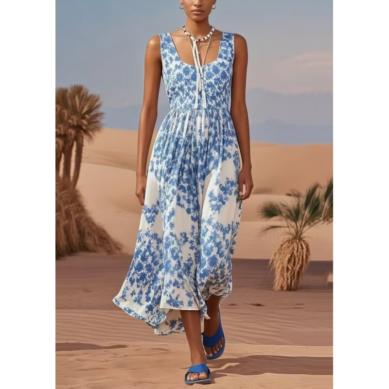 Plus Size Blue U Neck Print Cotton Holiday Dress Summer