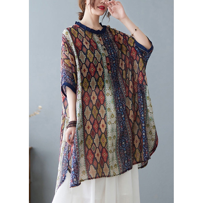 Plus Size Colorblock Ruffled Print Cotton Tops Summer