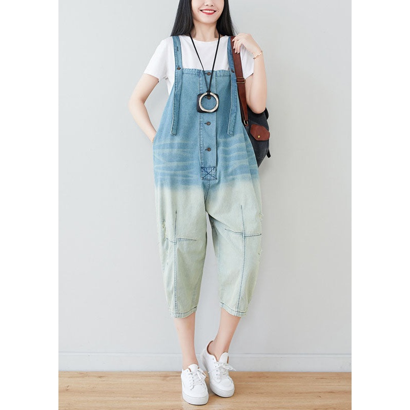 Plus Size Light Blue Patchwork Gradient Color Cotton Overalls Jumpsuit Spring