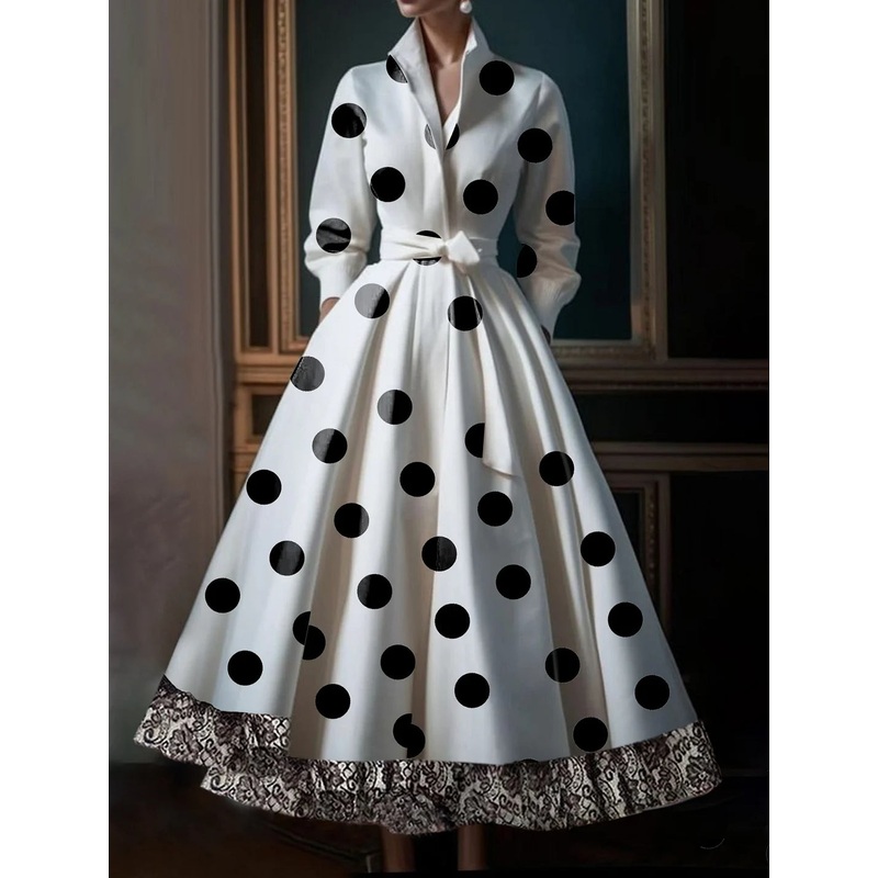 Polka Dot Lace Patchwork Belt Pocket Midi Dress