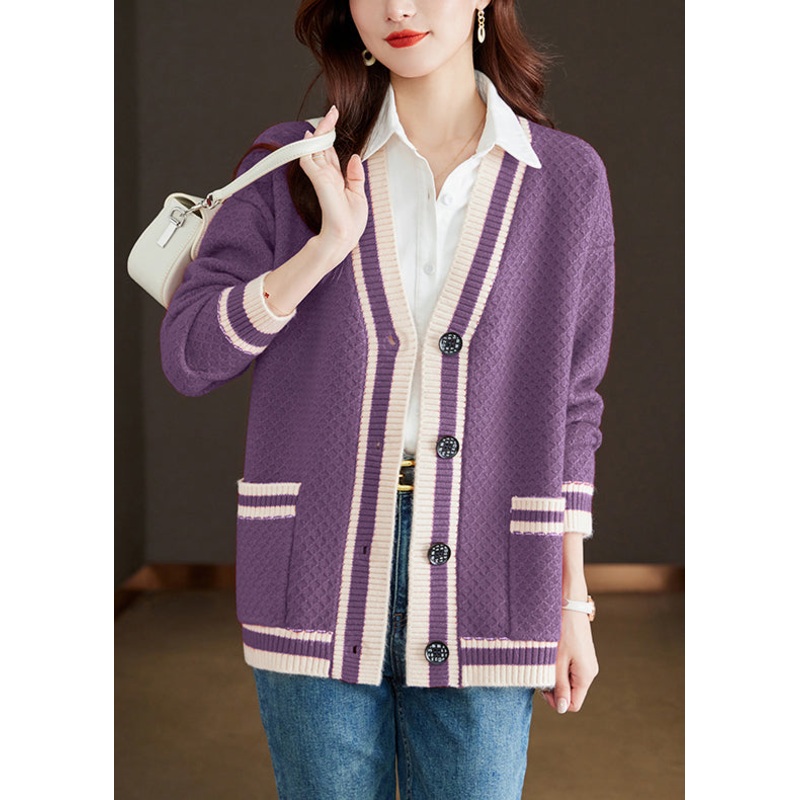 Purple Pockets Cozy Patchwork Knit Fall Cardigan V Neck