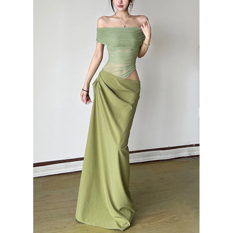 Sexy Green Wrinkled Tulle Patchwork Maxi Dresses Summer