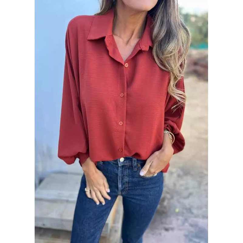 Simple Red Peter Pan Collar Shirts Batwing Sleeve