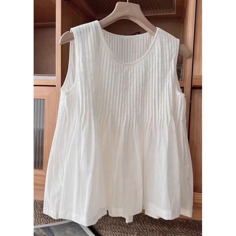 Simple White O Neck Solid Wrinkled Cotton Vest Sleeveless