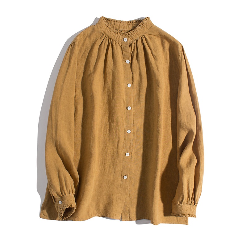 Simple Yellow Ruffled Button Linen Shirt Long Sleeve