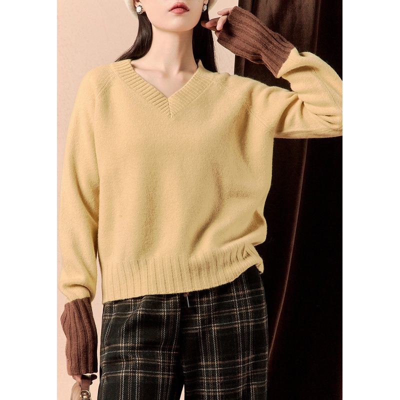 Simple Yellow V Neck Patchwork Knit Sweater Winter