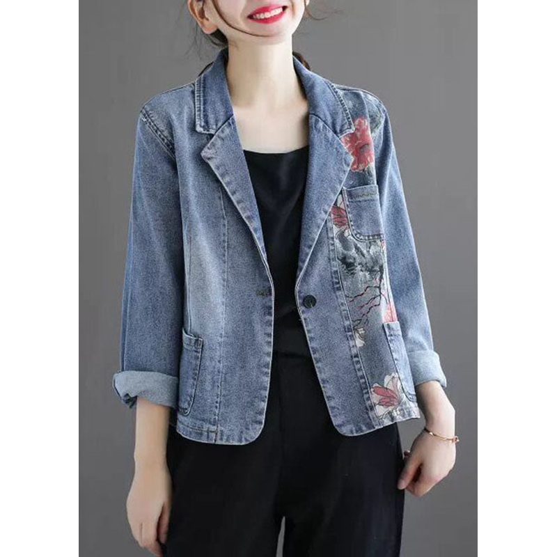 Slim Fit Light Blue Notched Collar Pockets Print Denim Coat Spring