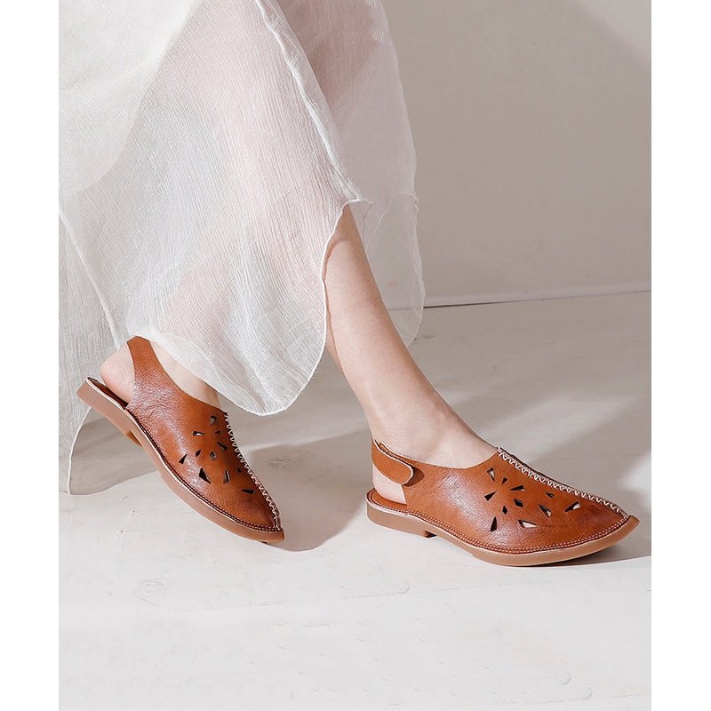 Soft Brown Hollow Out Splicing Walking Sandals