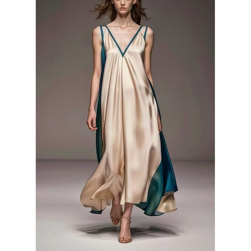 Style Champagne V Neck Patchwork Exra Large Hem Silk Dress Summer